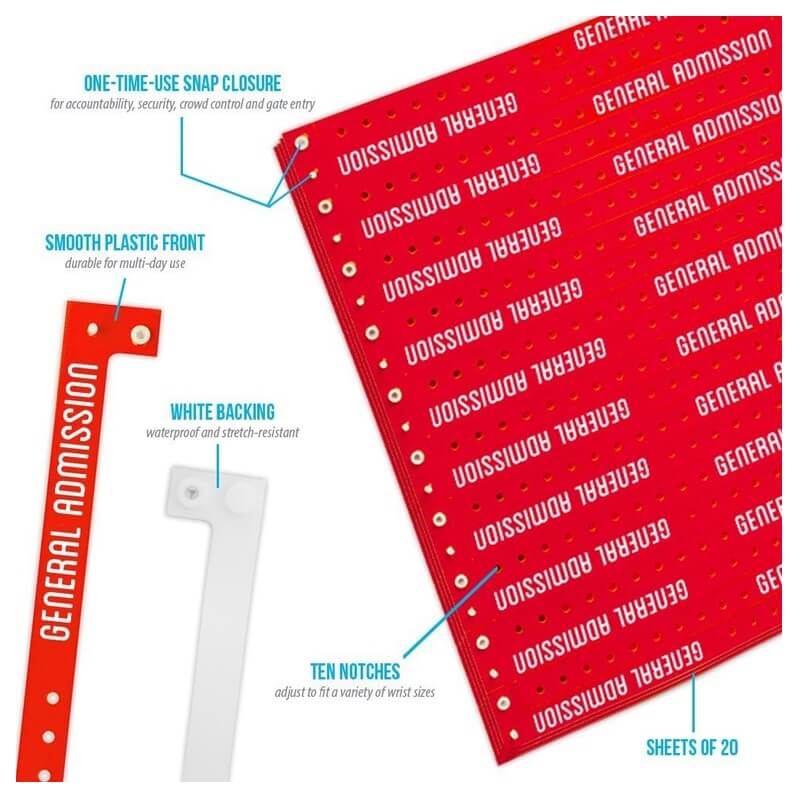 General admission plastic product specification page showing one time single use snaps, 10 holes for size adjustments, white backing and packaging in sheets of 20 - shown with a smooth plastic front in neon red