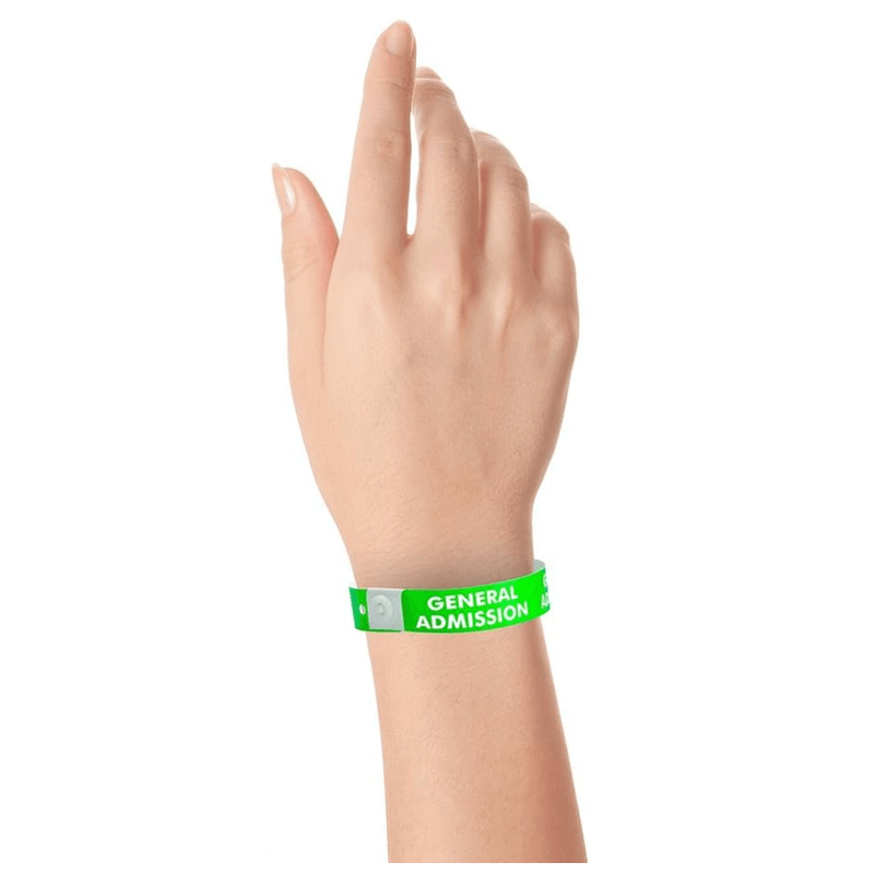 general admission plastic wristband on hand in neon green 