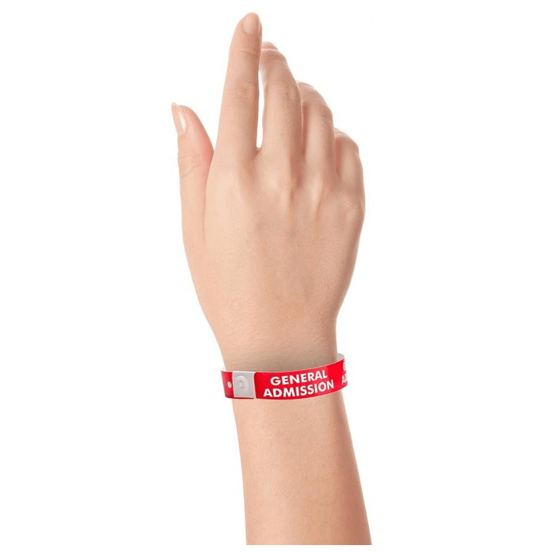 general admission plastic wristband on hand in neon red