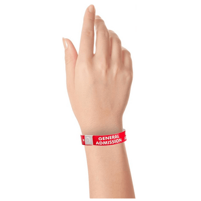 general admission plastic wristband on hand in neon red
