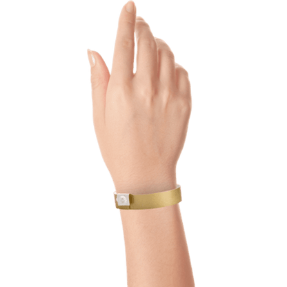 gold plastic regular 3/4" solid wristband on hand