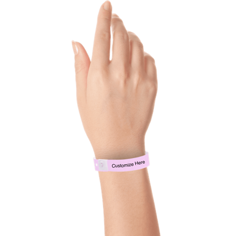 hand wearing plastic regular 3/4" wristband with a placeholder to show where you can customize the wristband in lavender