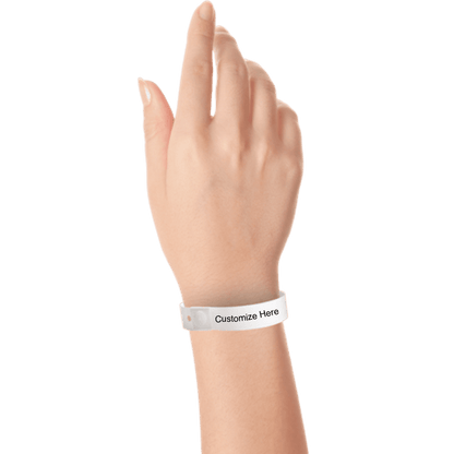 hand wearing plastic regular 3/4" wristband with a placeholder to show where you can customize the wristband in white