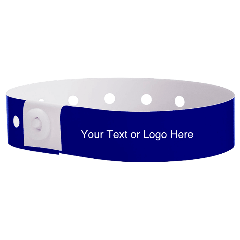 plastic regular 3/4" wristband with a placeholder to show where you can customize the wristband in navy blue