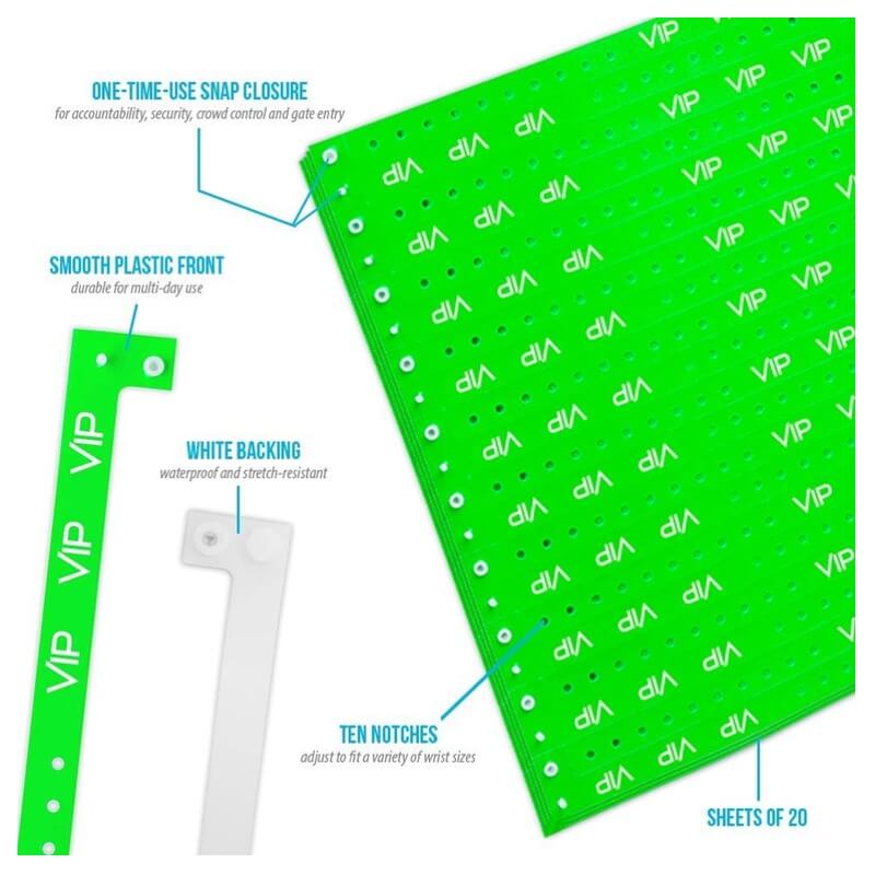VIP plastic product specification page showing one time single use snaps, 10 holes for size adjustments, white backing and packaging in sheets of 20 - shown with a smooth plastic front in neon green
