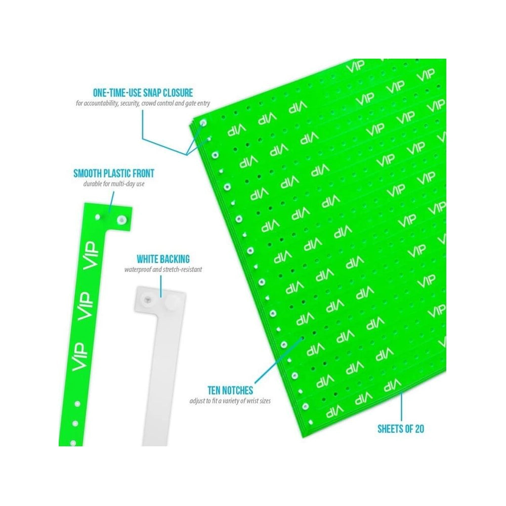 Specifications sheet for VIP plastic wristband in neon green - showing details of snap closure, plastic front, white backing, notches and sheets of 10 