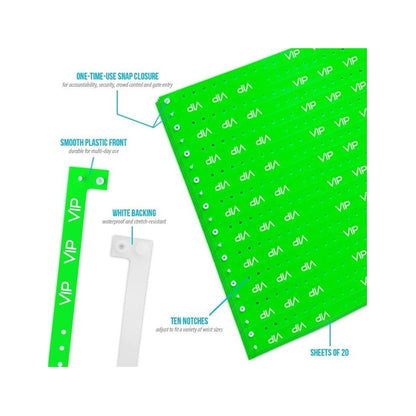 Specifications sheet for VIP plastic wristband in neon green - showing details of snap closure, plastic front, white backing, notches and sheets of 10 