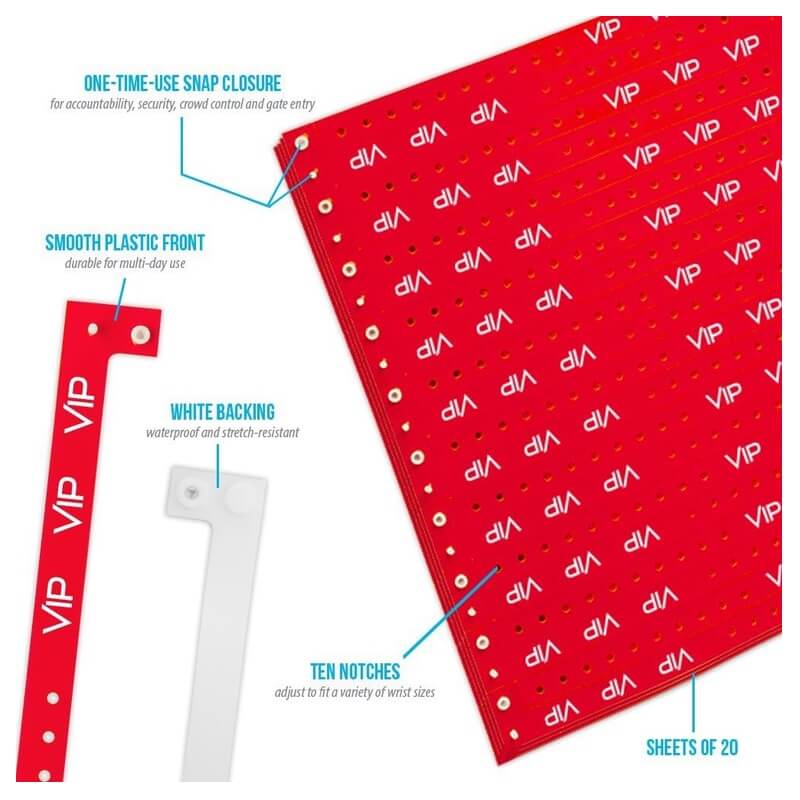 VIP plastic product specification page showing one time single use snaps, 10 holes for size adjustments, white backing and packaging in sheets of 20 - shown with a smooth plastic front in red