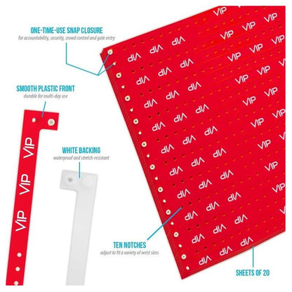 VIP plastic product specification page showing one time single use snaps, 10 holes for size adjustments, white backing and packaging in sheets of 20 - shown with a smooth plastic front in red
