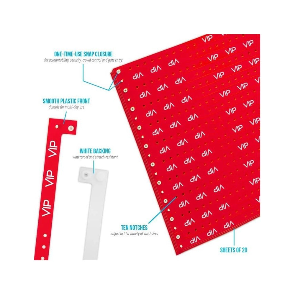 Specifications sheet for VIP plastic wristband in neon red - showing details of snap closure, plastic front, white backing, notches and sheets of 10 