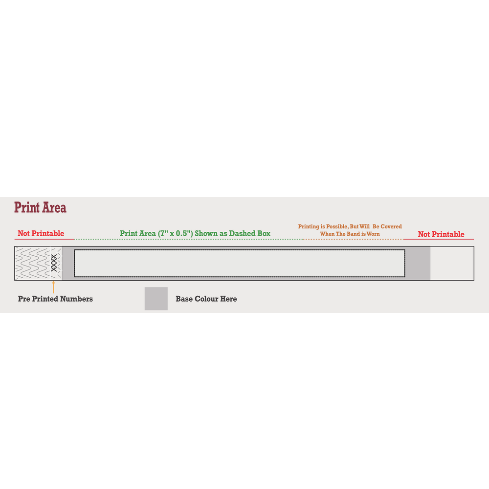 Print are template showing where you can and cannot print on a wristband and other specifications 