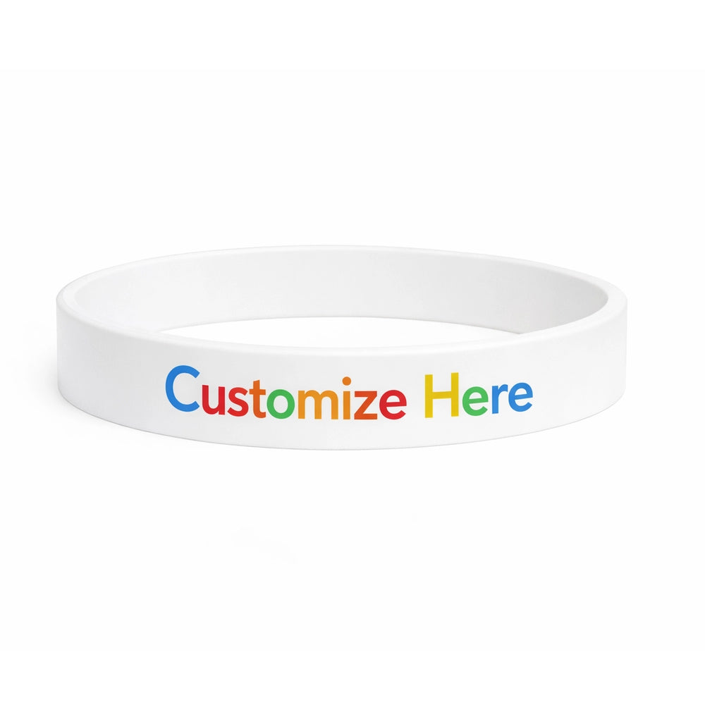 printed silicone wristband in white with a multi colour print