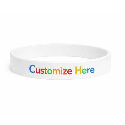 printed silicone wristband in white with a multi colour print
