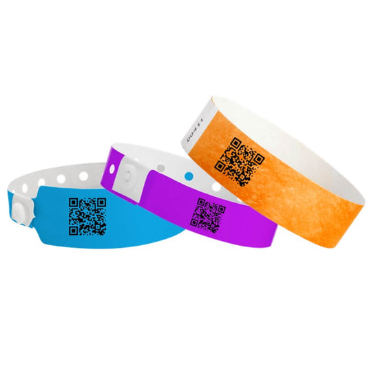QR Code Wristbands shown in wide face vinyl neon blue, regular plastic purple and tyvek 3/4" solid neon orange