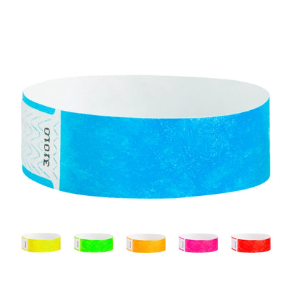 Tyvek 3/4 Qwik fit Wristband cover with neon blue, and five other colors under - in neon yellow, neon green, neon orange, neon pink and neon red. 