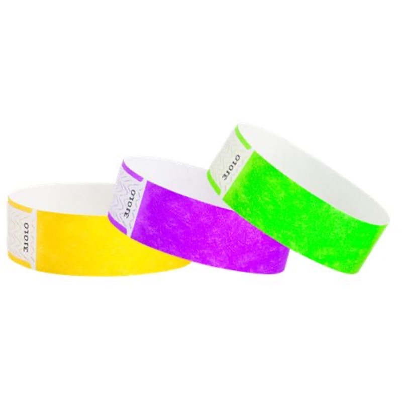 pantone yellow, pantone purple and neon green qwik fit tyvek wristbands great for customizing