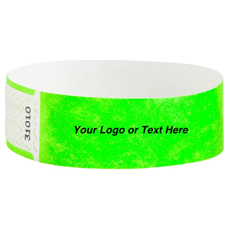neon green qwik fit wristband shown with the spot to imprint your custom logo or text