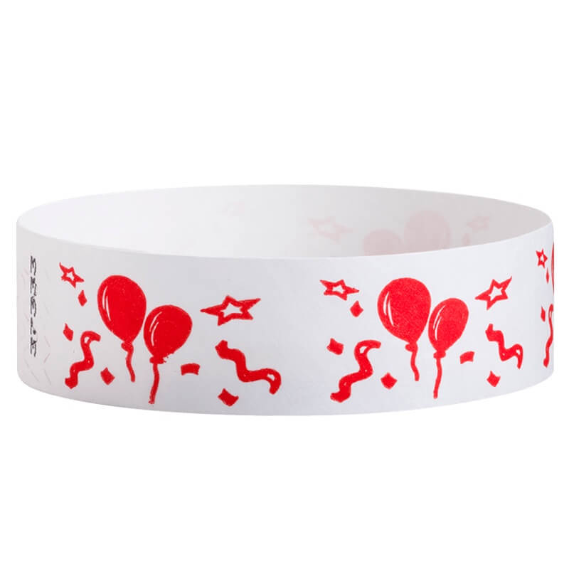 White tyvek wristband with red balloon and star pattern - round version shown