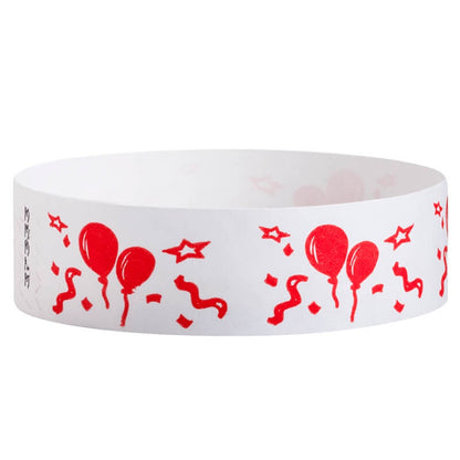 White tyvek wristband with red balloon and star pattern - round version shown