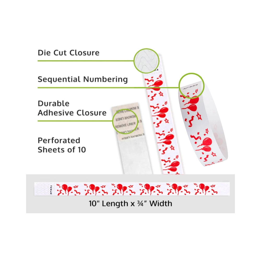 red balloons tyvek wristband detail product page showing the die cut adhesive closure, sequential numbering, perforated sheets of 10 and the dimensions.
