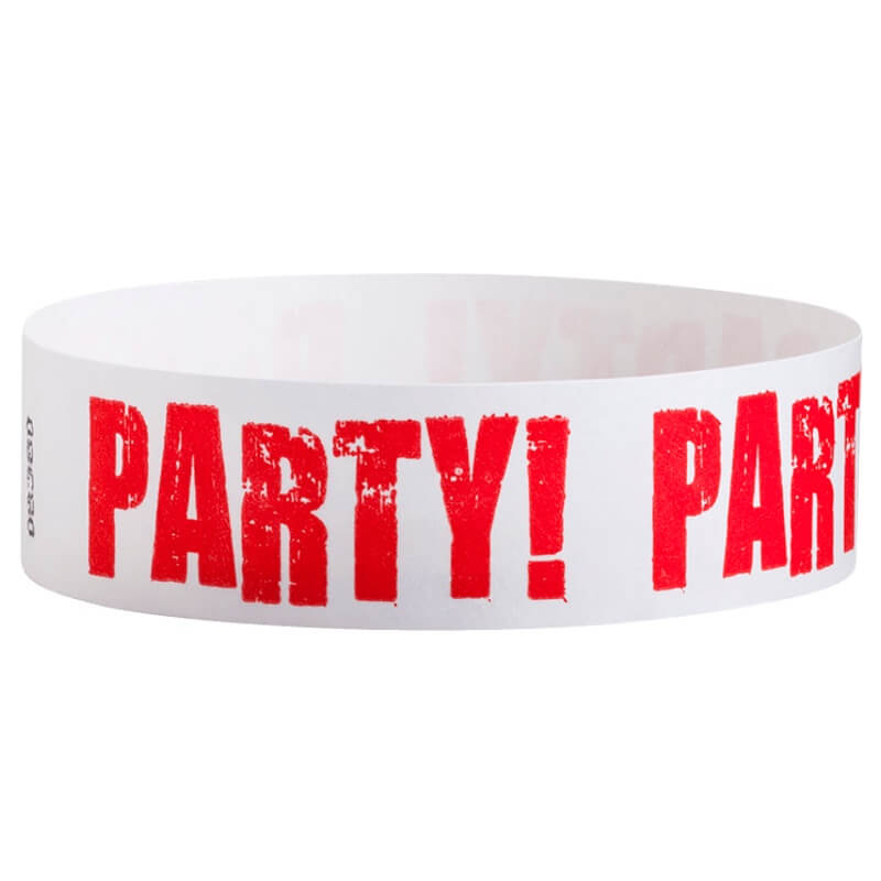 White tyvek wristband with neon red 'PARTY!' text - round version shown