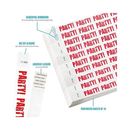 red party  tyvek wristband detail product page showing the die cut adhesive closure, sequential numbering, perforated sheets of 10 and the dimensions.