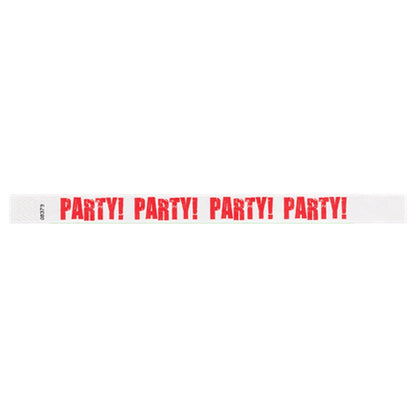 White tyvek wristband with neon red 'PARTY!' text - flat version shown