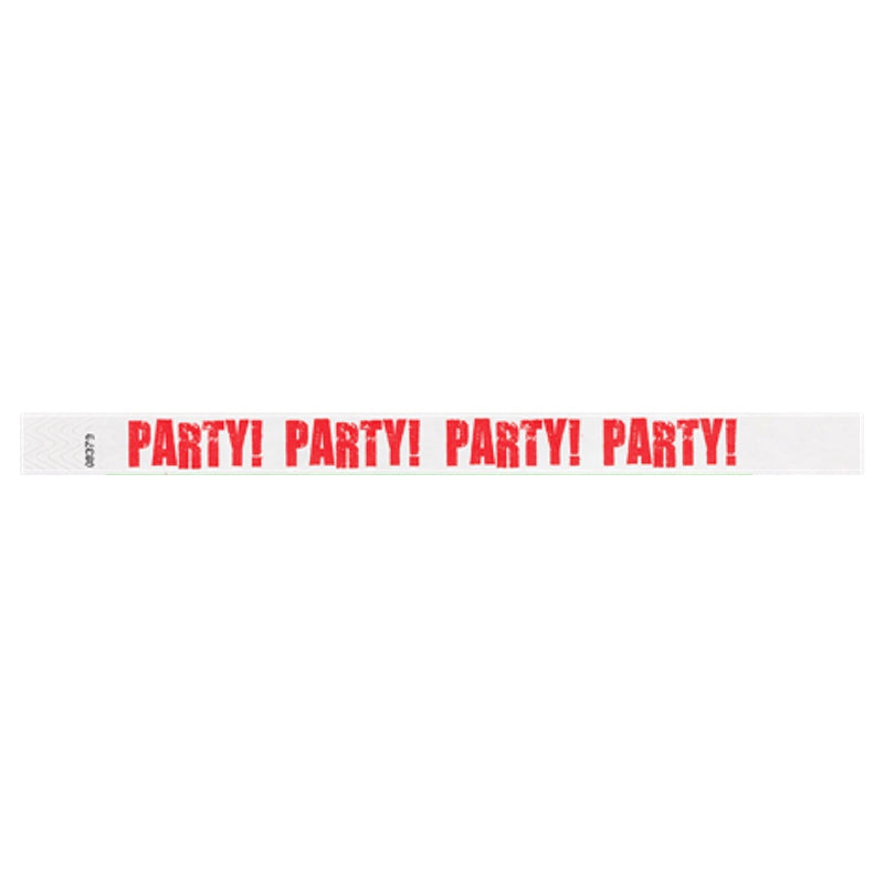 White tyvek wristband with neon red 'PARTY!' text - flat version shown