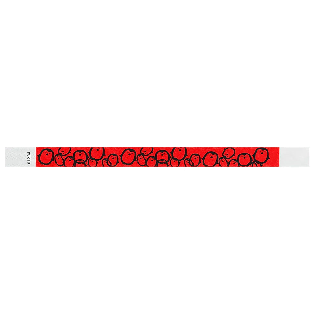 neon red tyvek wristband with black penguin pattern