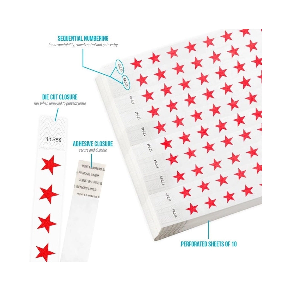Red stars specifications sheet, showing adhesive closure, sequental numberig, die cut closure and sheets of 10 