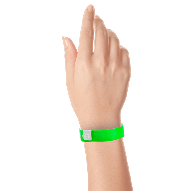 Regular vinyl wristband on hand in neon green