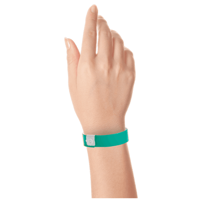 Regular vinyl wristband on hand in teal