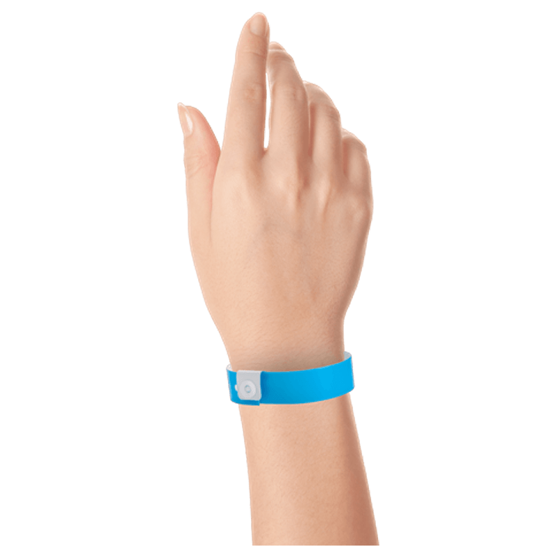 Regular vinyl wristband on hand in neon blue 