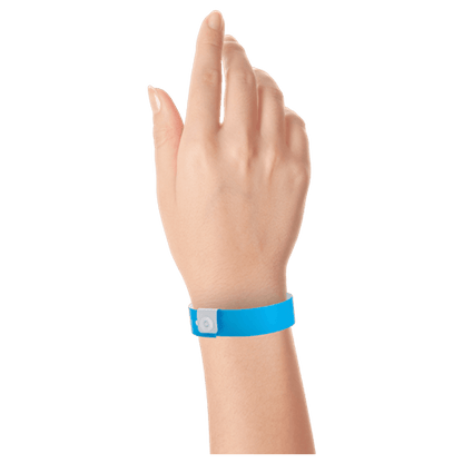 Regular vinyl wristband on hand in neon blue 