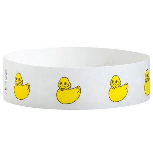 White tyvek wristband with yellow rubber duck illustrations - round version shown
