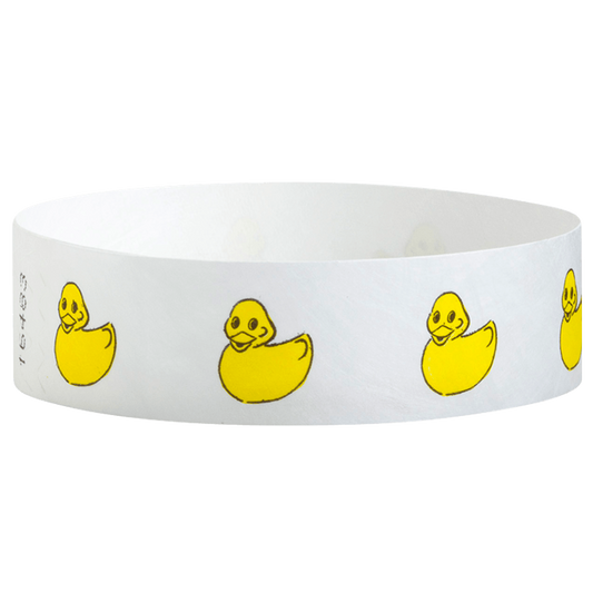 White tyvek wristband with yellow rubber duck illustrations - round version shown