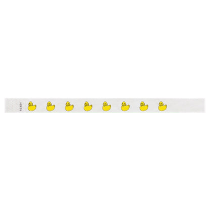 White tyvek wristband with yellow rubber duck illustrations - flat version shown
