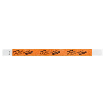 neon orange tyvek wristband with saturday  text in black ink repeated