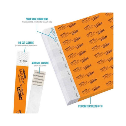 Product packaging with die cut closure, sequential numbering, durable adhesive closure, and perforated sheets of 10; shown in a neon orange tyvek wristband with black saturday text repeated