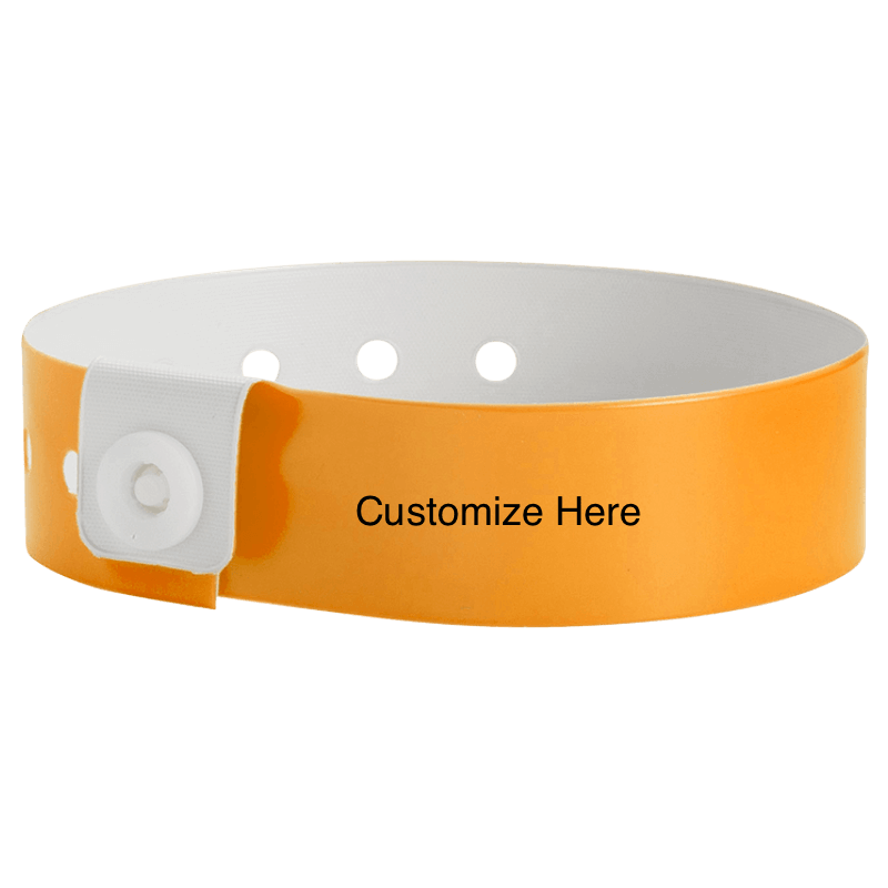 Slim vinyl wristbands with a placeholder to show where you can customize the wristband shown in neon orange