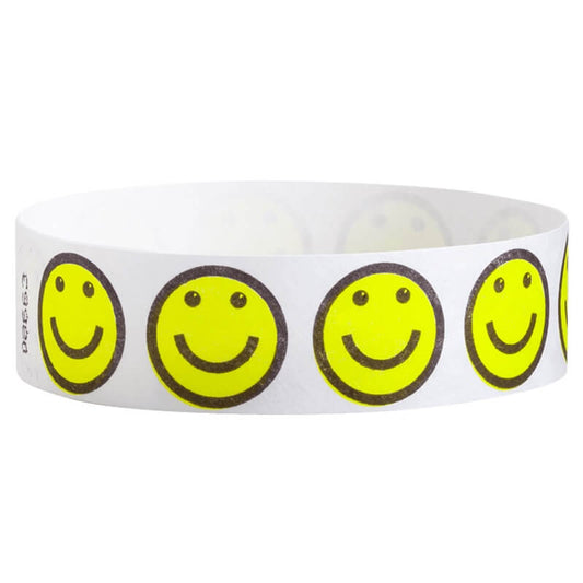 white tyvek Wristband with neon yellow smiley face designs outlined in black - round version shown