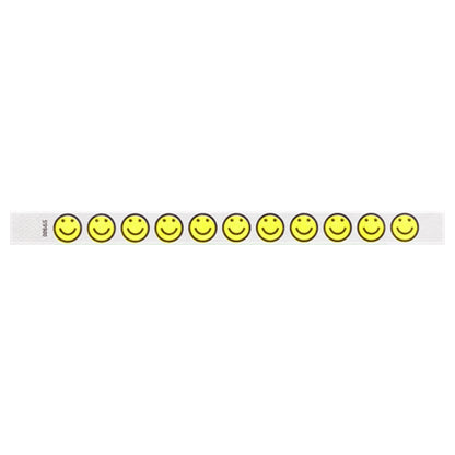 white tyvek Wristband with neon yellow smiley face designs outlined in black - flat version shown