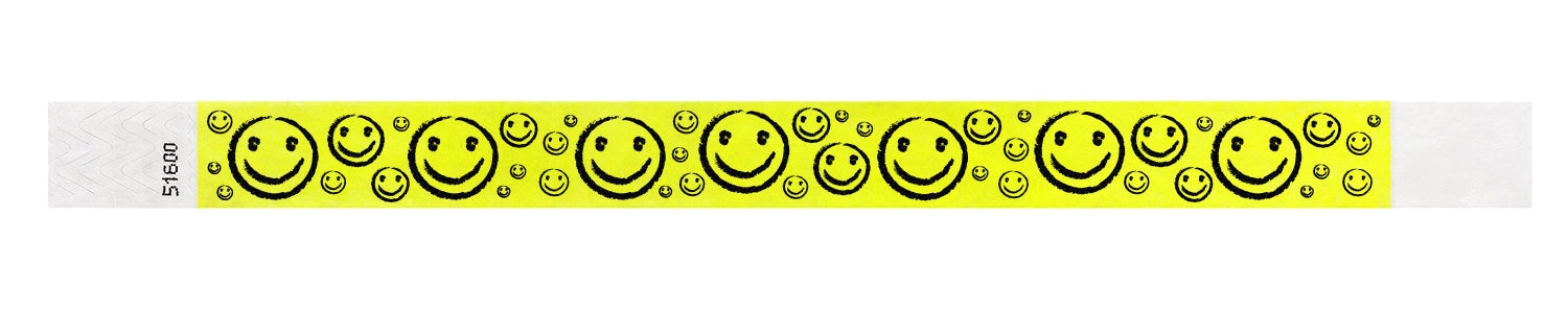 neon yellow tyvek 3/4" wristband with smileys in black