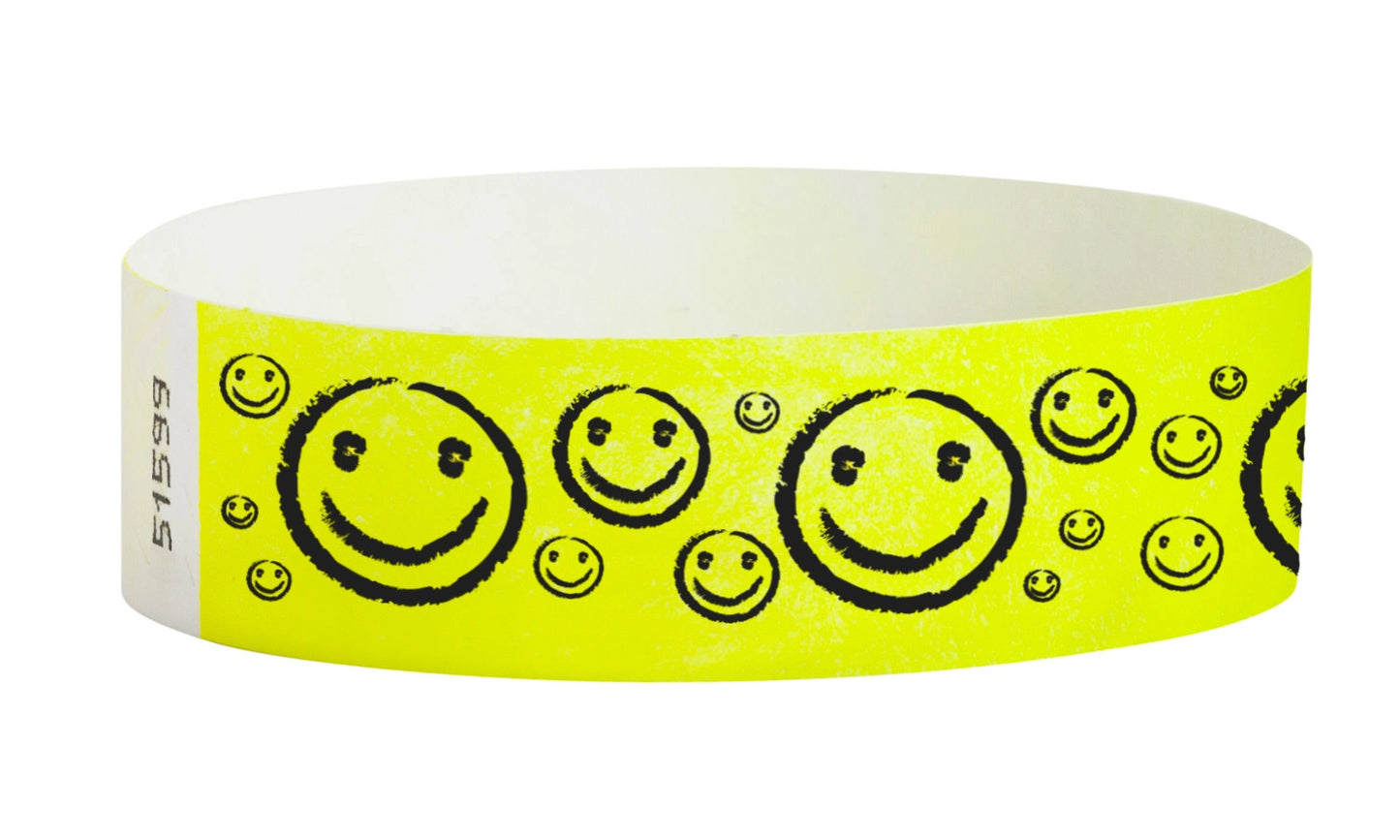 neon yellow wristband tyvek 3/4" smileys on yellow
