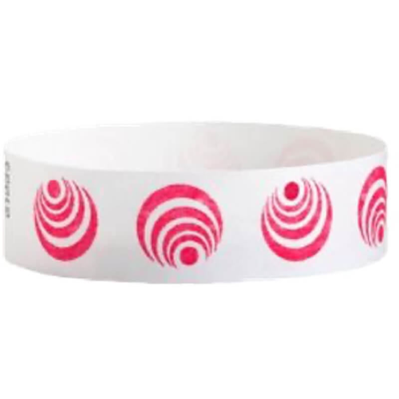 White tyvek wristband with neon red circular pattern - round version shown