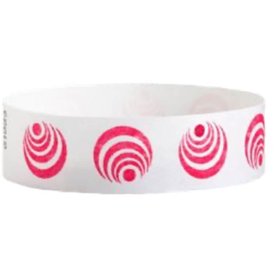 White tyvek wristband with neon red circular pattern - round version shown