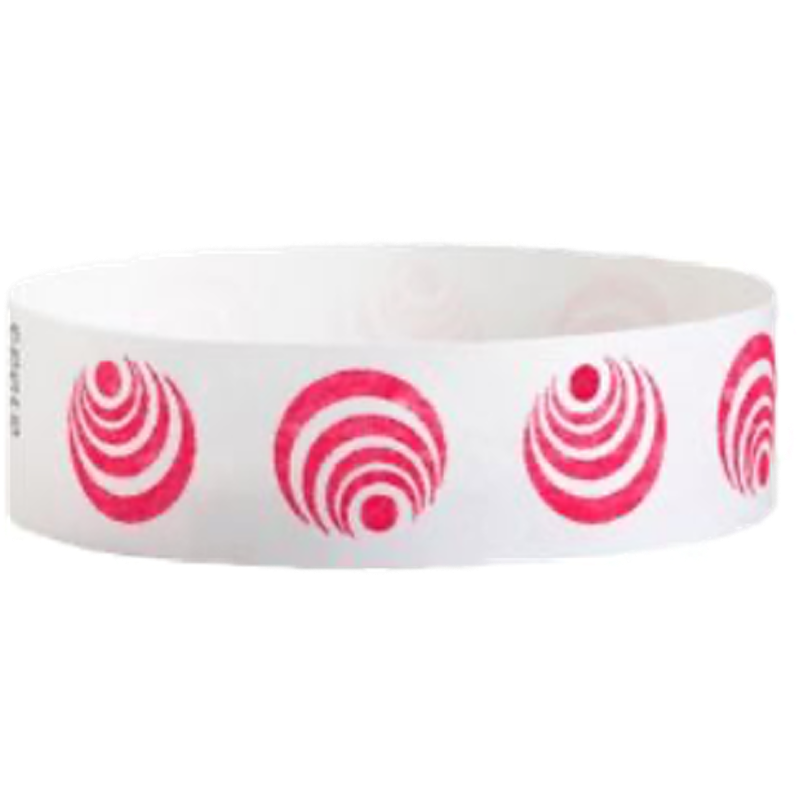 White wristband with pink circular patterns 