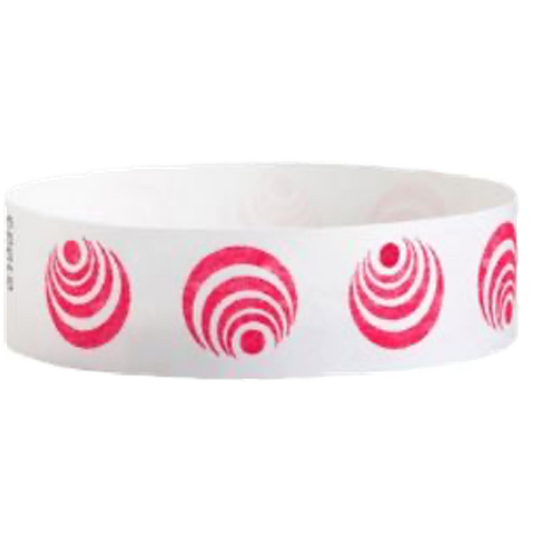 White tyvek wristband with neon red circular pattern - round version shown