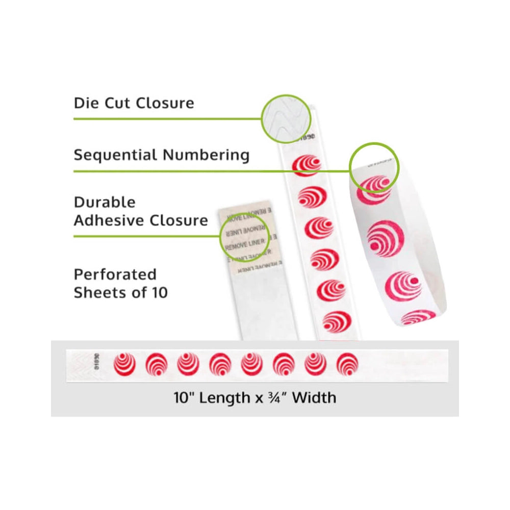 Product packaging with die cut closure, sequential numbering, durable adhesive closure, and perforated sheets of 10 shown with white tyvek wristbands and a neon red spinning circles pattern