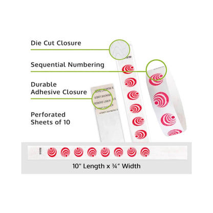 Product packaging with die cut closure, sequential numbering, durable adhesive closure, and perforated sheets of 10 shown with white tyvek wristbands and a neon red spinning circles pattern